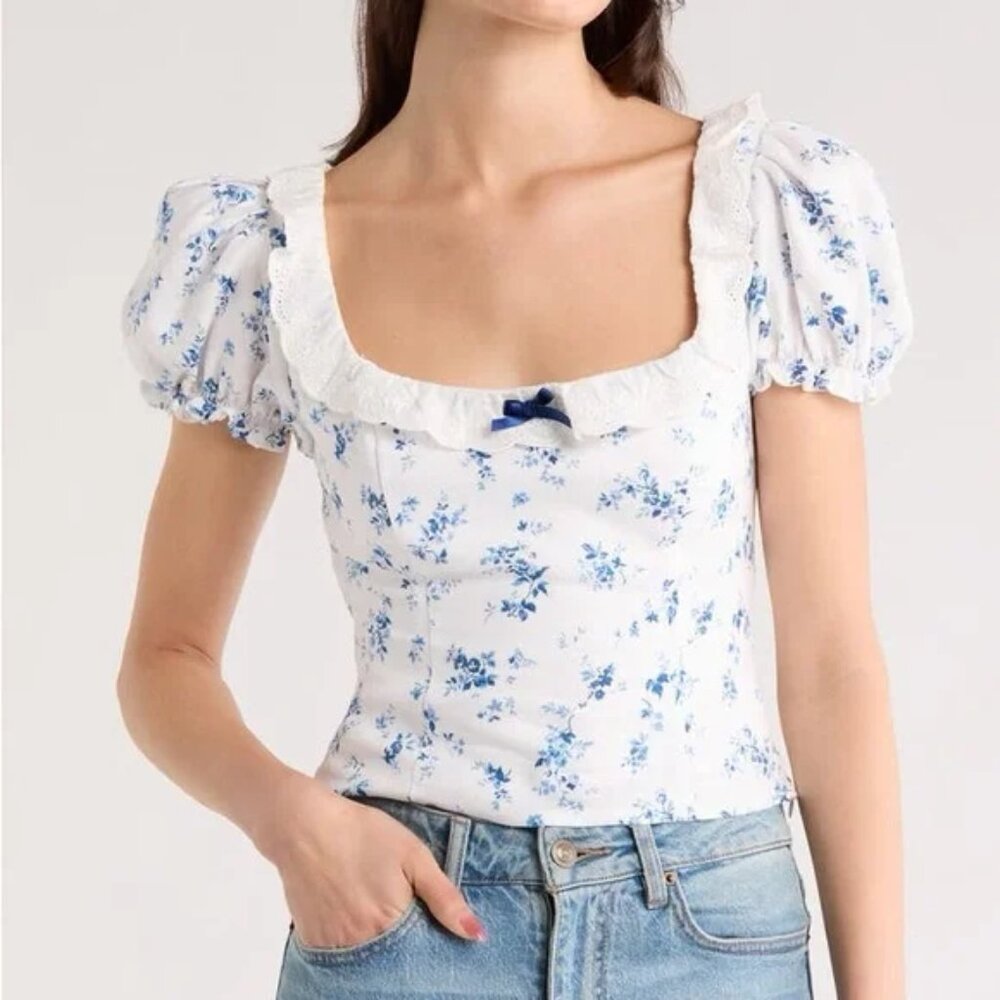 Reformation Alice Lace Trim Puff Sleeve Crop Top